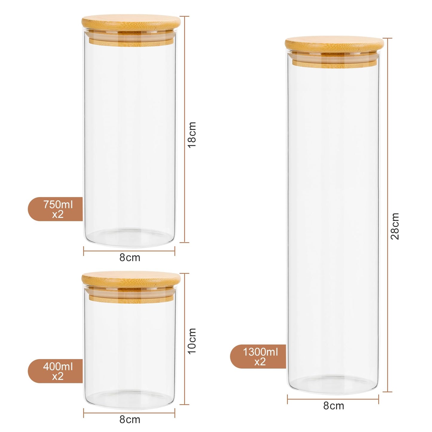 BOTES DE CRISTAL CON TAPA DE BAMBÚ, 6 PZS