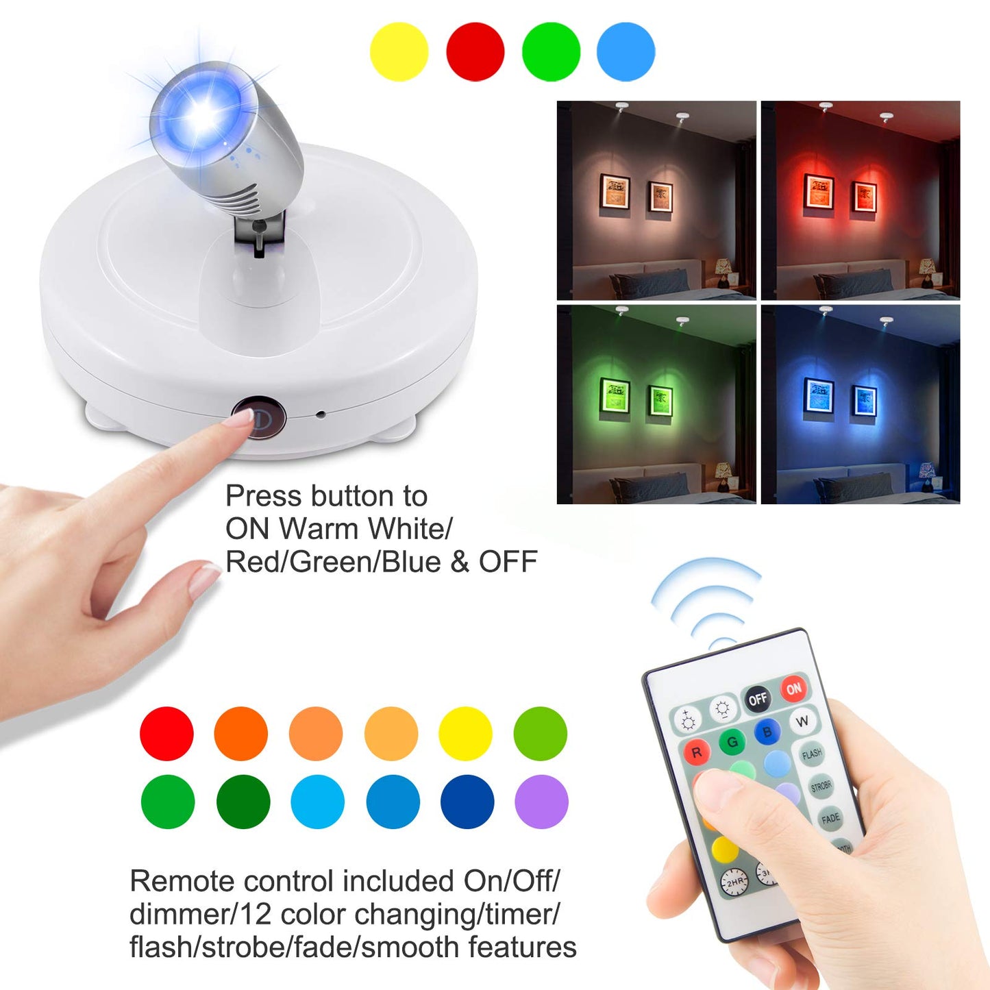 FOCO LED INALÁMBRICO CON BATERÍA Y CONTROL REMOTO, 2 PZS