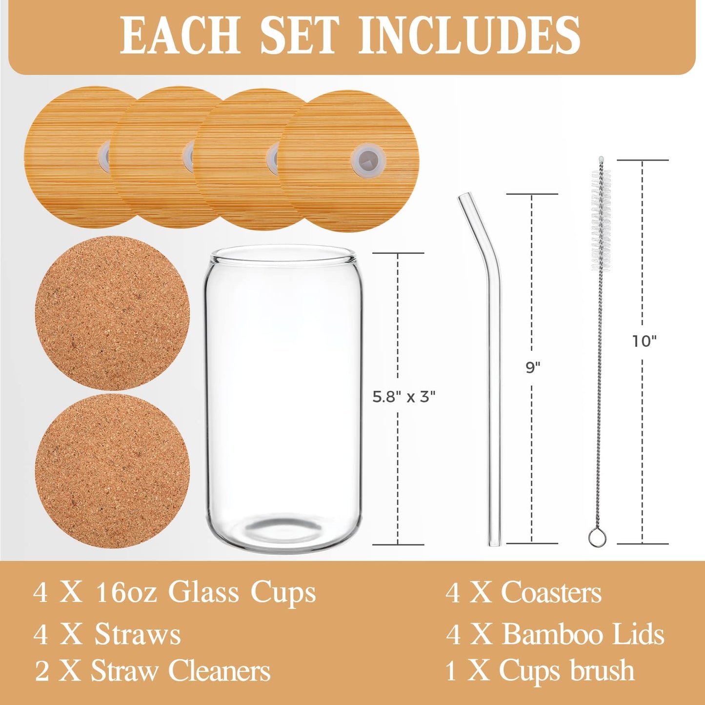 🥤 Set de Vasos de Vidrio con Tapa de Bambú y Pajita (16 oz – Set de 4)