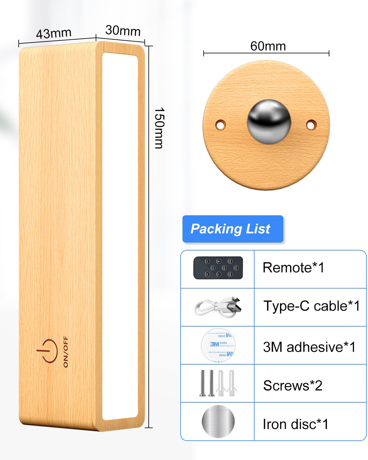 🌿💡Aplique de Pared Recargable Madera de Haya – Iluminación Sin Cable, Control Remoto, Brillo Regulable y Temporizador ⏰✨