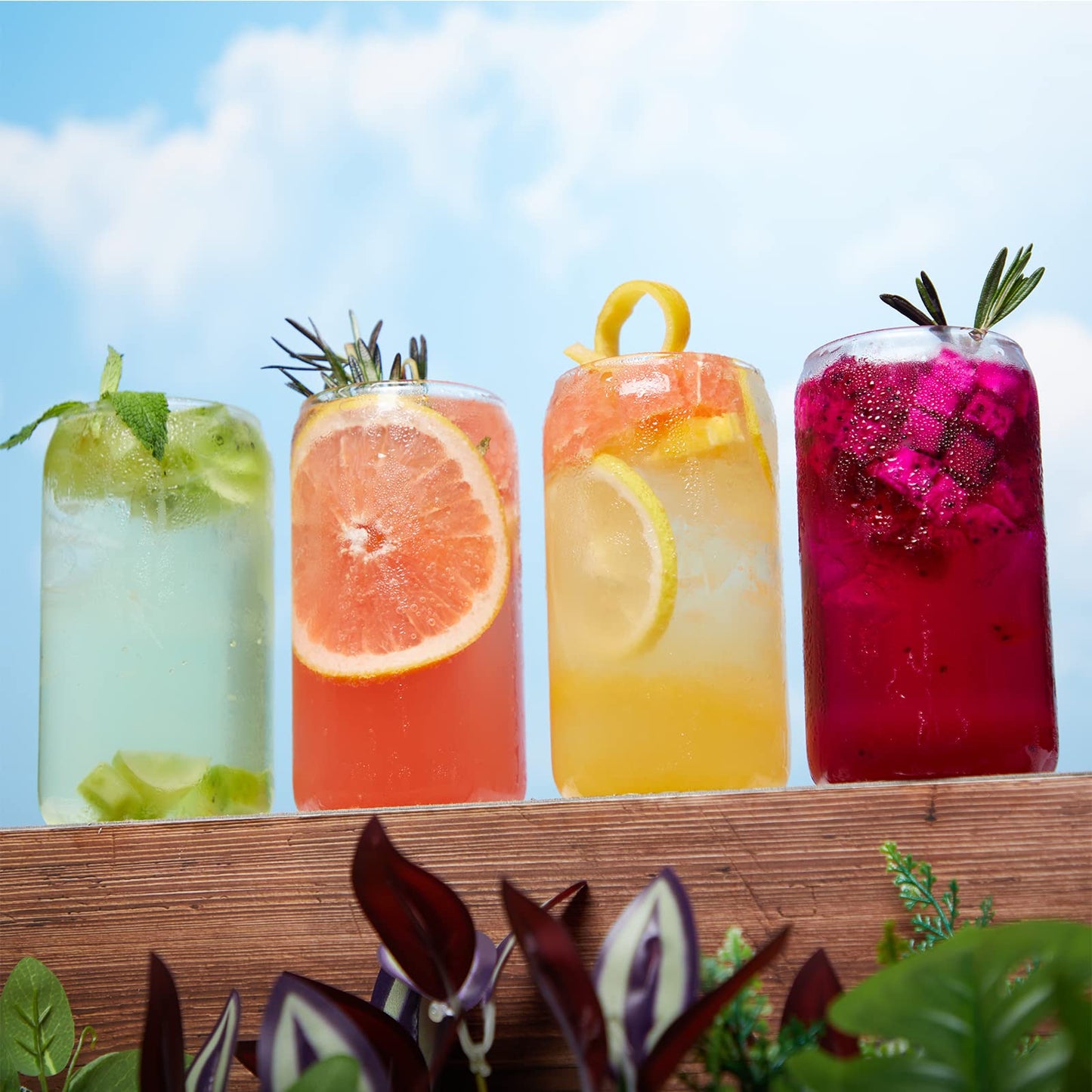 🥤 Set de Vasos de Vidrio con Tapa de Bambú y Pajita (16 oz – Set de 4)