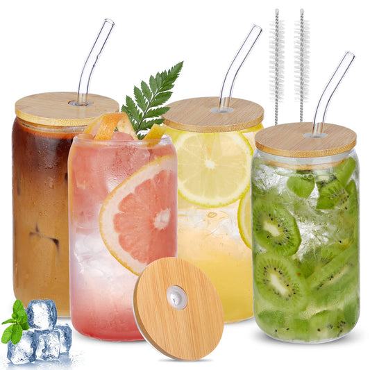 🥤 Set de Vasos de Vidrio con Tapa de Bambú y Pajita (16 oz – Set de 4)
