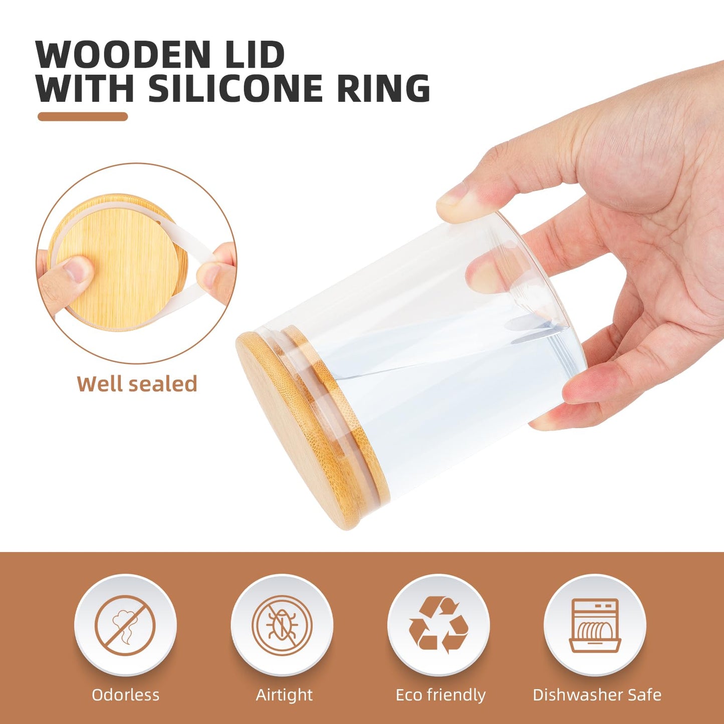 BOTES DE CRISTAL CON TAPA DE BAMBÚ, 6 PZS