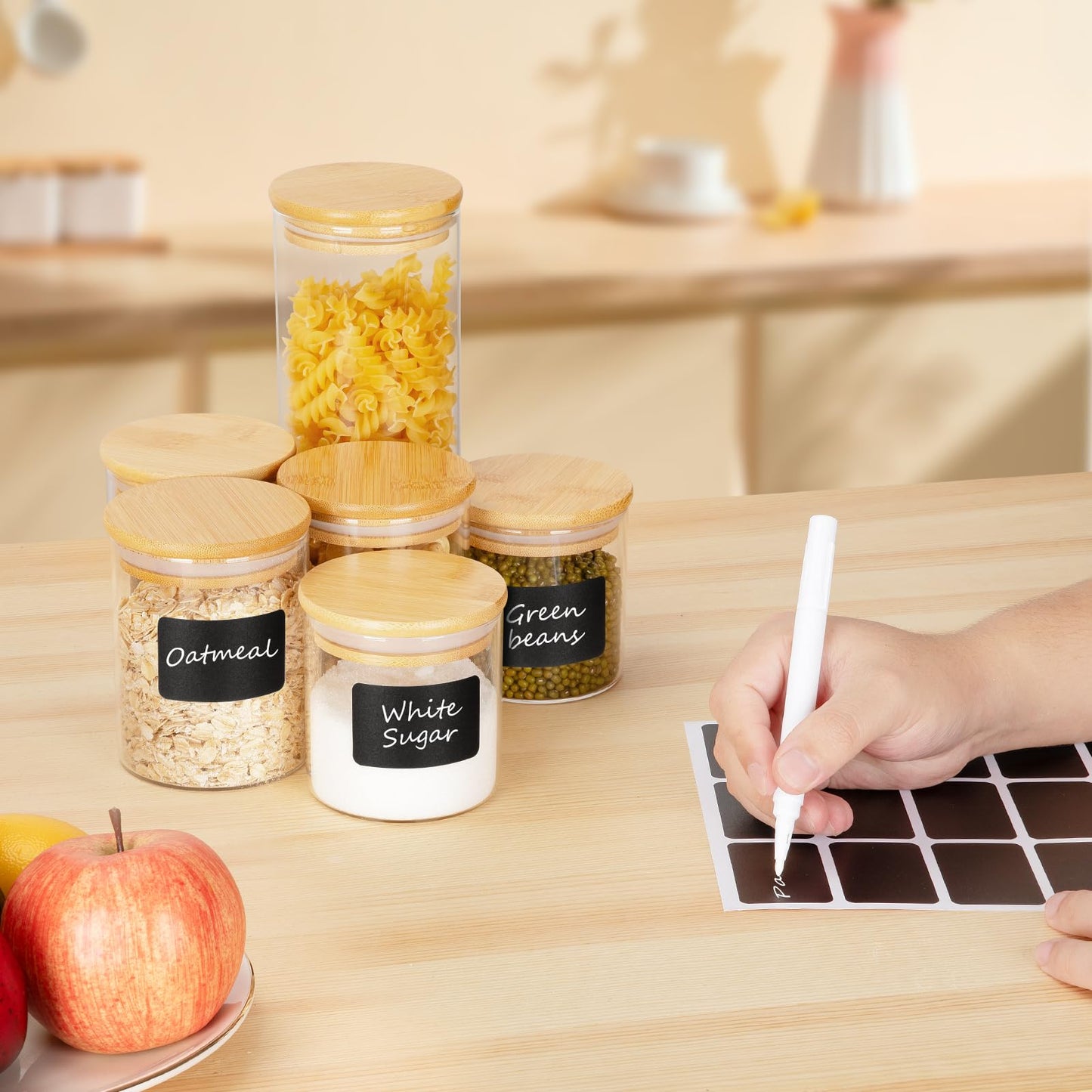 BOTES DE CRISTAL CON TAPA DE BAMBÚ, 6 PZS