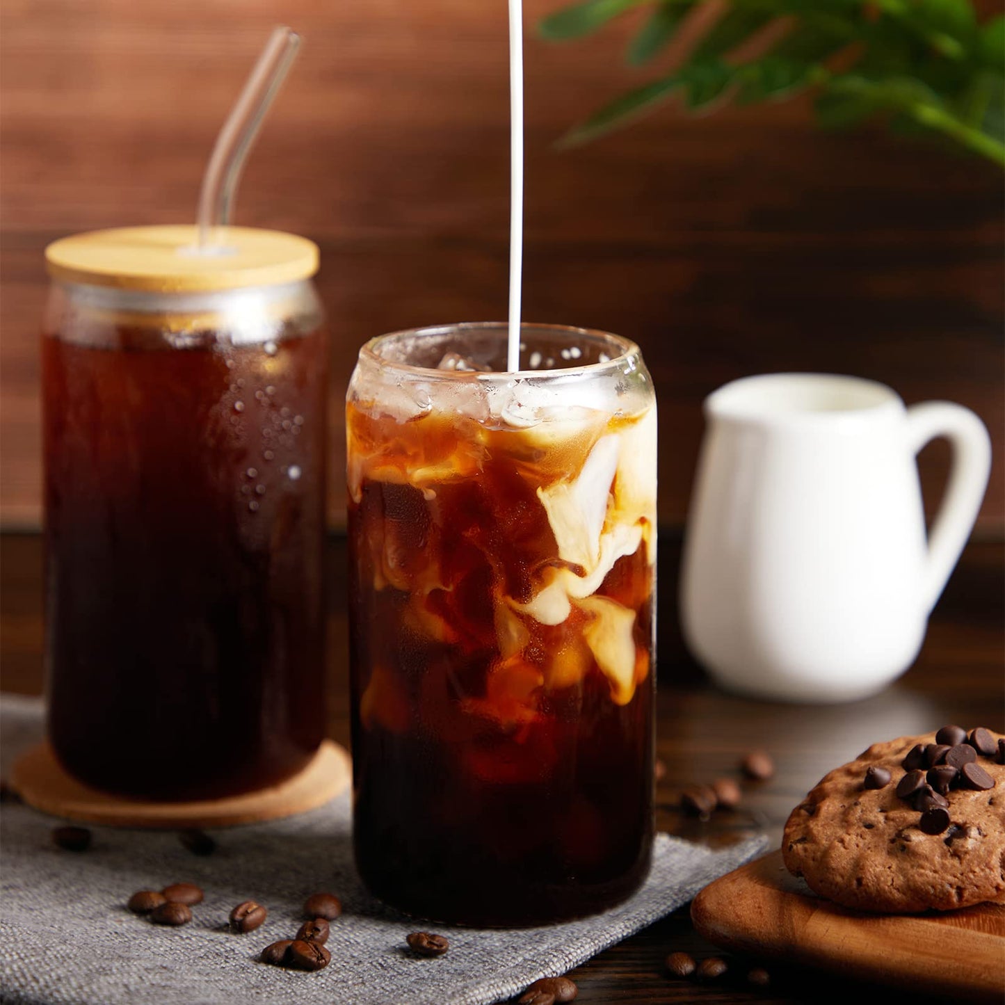 🥤 Set de Vasos de Vidrio con Tapa de Bambú y Pajita (16 oz – Set de 4)