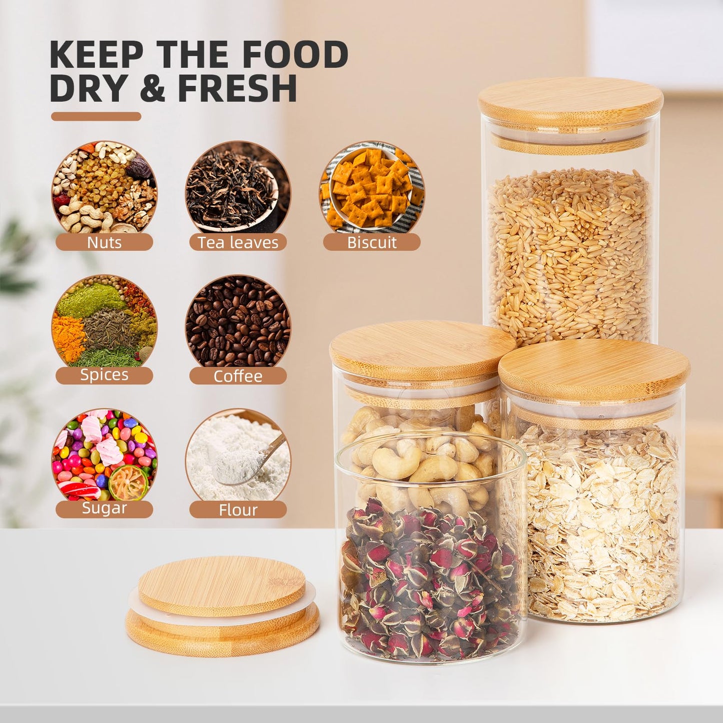 BOTES DE CRISTAL CON TAPA DE BAMBÚ, 6 PZS